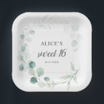 Boho Greenery Eucalyptus Sweet 16 Pappteller<br><div class="desc">Boho Bouquet mit grünen Eukalyptus und Blätter.</div>