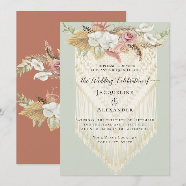 BOHO Greenery Floral Pampas Grass Macrame Wedding Einladung (Vorne/Hinten)