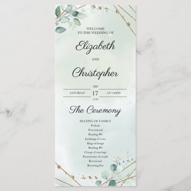 Boho Greenery Folaige Gold Frame Wedding Programm (Vorderseite)