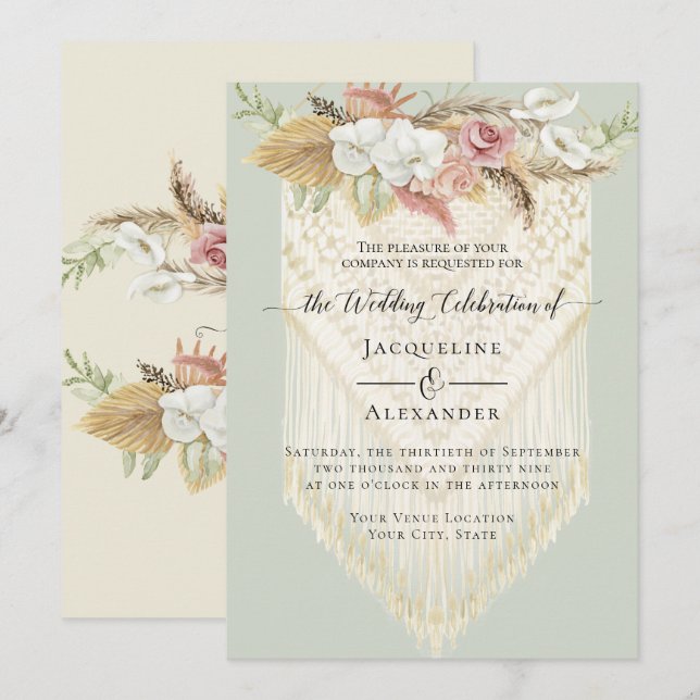 BOHO Greenery Pink Pampas Mint Wedding Einladung (Vorne/Hinten)