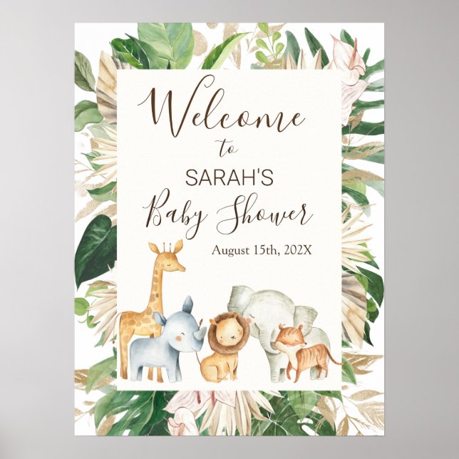 Boho Greenery Safari Baby Dusche Begrüßungszeichen Poster (Vorne)