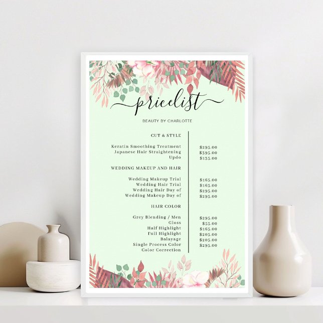 Boho Greenery Salon Preisliste Poster (Boho Greenery Salon Price List Poster)