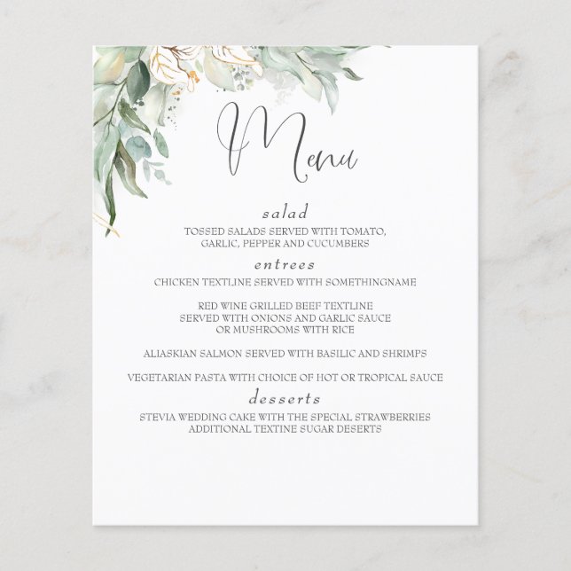 Boho Greenery und Eucalyptus Blätter Wedding Menu Flyer (Vorne)