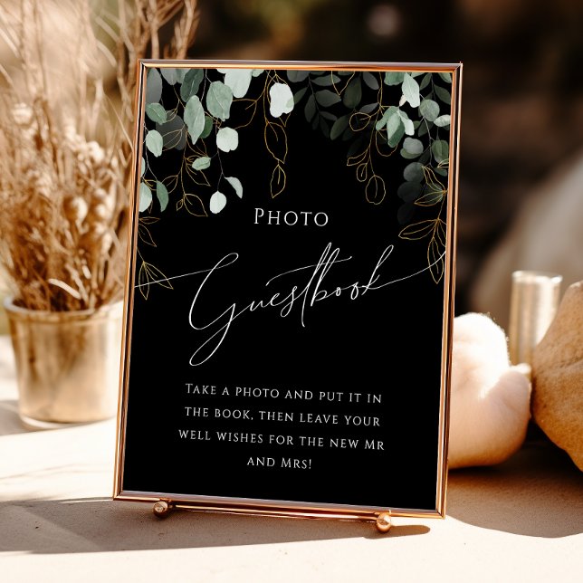 Boho Greenery und Gold Black Foto Guest Book Sign Poster (Von Creator hochgeladen)