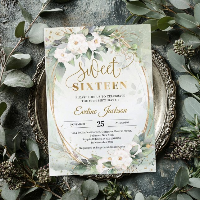 Boho Greenery weiße Rosen Goldfolie oval 16 Einladung (Greenery white roses gold foil oval sweet 16 invit invitation)