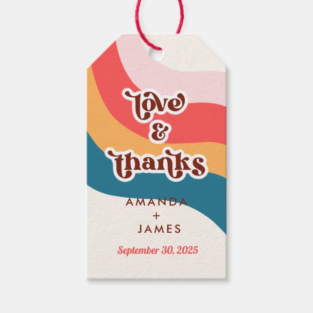 Boho Groovy Retro 70er Wedding Liebe & Danke Geschenkanhänger (Vorderseite)