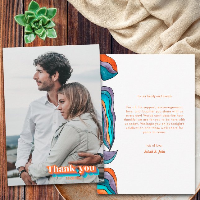 Boho Groovy Retro Blue Orange Typografie Wavy Line Dankeskarte (Front and Back)