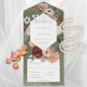 Boho Grün Burgunder Herbst Blumen Dinner All In One Einladung