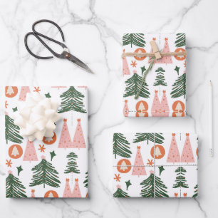 Boho-Grün-Pink-Orange-Rustikale-Weihnachtsbäume Geschenkpapier Set