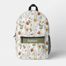 Boho-Grün-Wasserfarbe-Wildblumen-Monogramm Bedruckter Rucksack