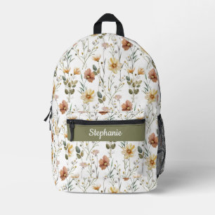 Boho-Grün-Wasserfarbe-Wildblumen-Monogramm Bedruckter Rucksack