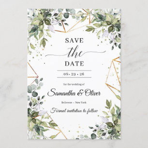 Boho grüne Blattwerk verlasst Save the Date Gold Einladung