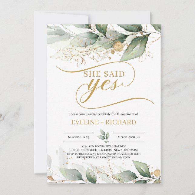 Boho grüne eucalyptus gold Blätter sagte sie ja Einladung (Vorderseite)