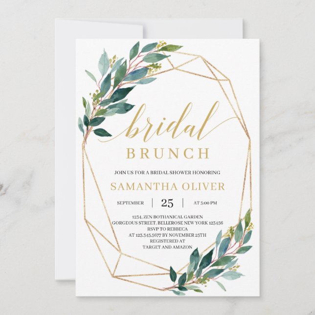 Boho grüne Eukalyptus Goldrahmen Bridal Brunch Einladung (Vorderseite)