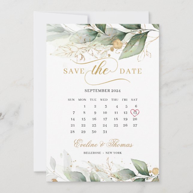 Boho grüne Eukalyptus und goldene Blätter Hochzeit Save The Date (Vorderseite)