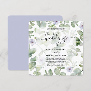 Boho Grüne Eukalyptus- und violette Blumenhochzeit Einladung