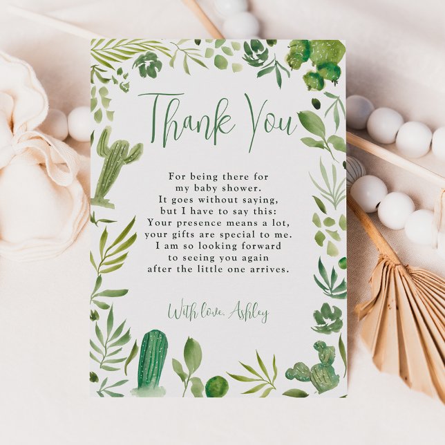 Boho grüne Kaktus geschlechtsneutrale, schicke Bab Dankeskarte (Boho green cactus gender neutral chic baby shower thank you card)