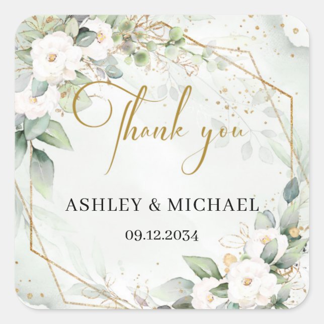 Boho-grüne und goldweiße Blume Hochzeitsticker Quadratischer Aufkleber (Vorderseite)