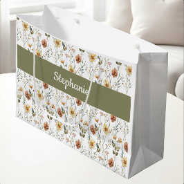 Boho Grüne Wildblumen Wasserfarbe Monogramm Name Große Geschenktüte