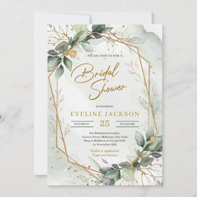 Boho grünen Folaige Imitate Gold geometrische Brid Einladung (Vorderseite)