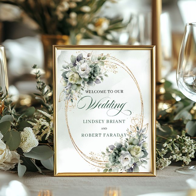 Boho-Grüner-Eukalyptus-Hochzeits-Willkommensschild Poster (Wedding Welcome Boho Dusty Green Eucalyptus Watercolor Wedding Welcome)