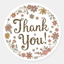 Boho Hand-Drawn Flower Thank You Runder Aufkleber