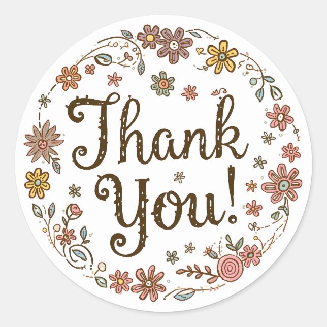 Boho Hand-Drawn Flower Thank You Runder Aufkleber (Vorderseite)