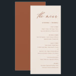 Boho Handwriting Calligraphy Terracotta Wedding Menükarte<br><div class="desc">Mit dieser individuell anpassbaren Menükarte fügen Sie Ihrem Event-Tablescape einen eleganten Akzent hinzu. Es enthält ein skurriles Skript und eine einfache Typografie. Personalisieren Sie diese boho Menükarte,  indem Sie Ihre eigenen Daten hinzufügen. Diese Karte aus Terrakotta und Weiß ist ideal für Hochzeiten,  Brautpartys,  Babyduschen und vieles mehr.</div>