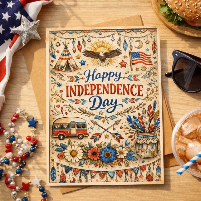 Boho Happy Independence Day Americana Feiertagskarte (Von Creator hochgeladen)