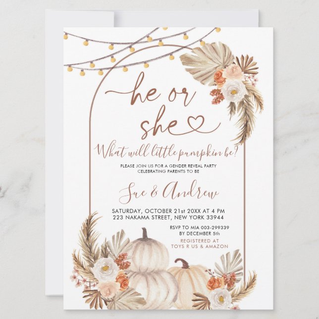 Boho He or She Pumpkin Fall Gender Reveal Einladung (Vorderseite)