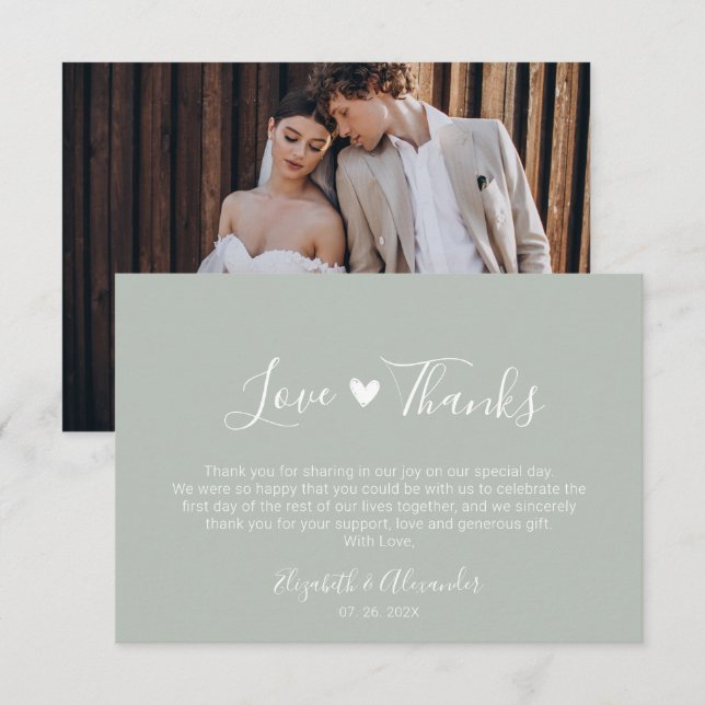 Boho Heart Script Sage Green Wedding Foto Dankeskarte (Vorne/Hinten)