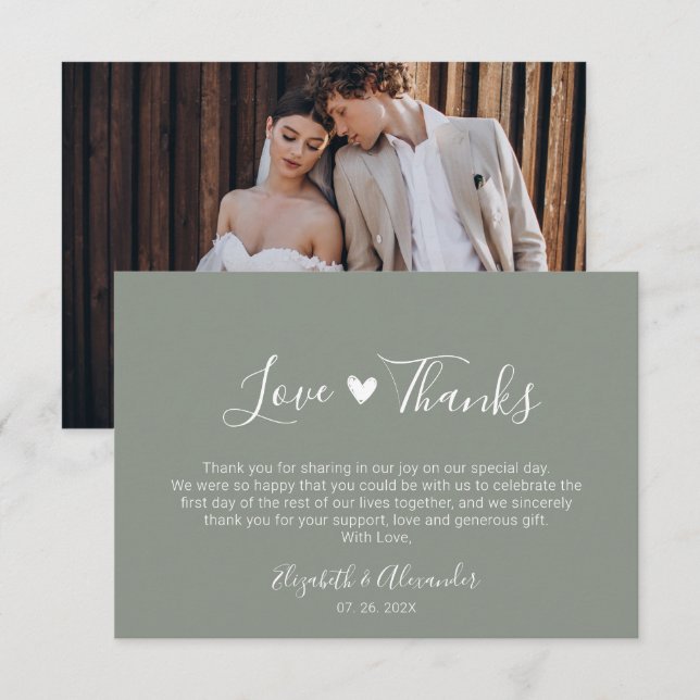 Boho Heart Script Sage Green Wedding Foto Dankeskarte (Vorne/Hinten)