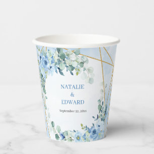Boho hellblaue Blüten Eukalyptus und Goldrahmen Pappbecher