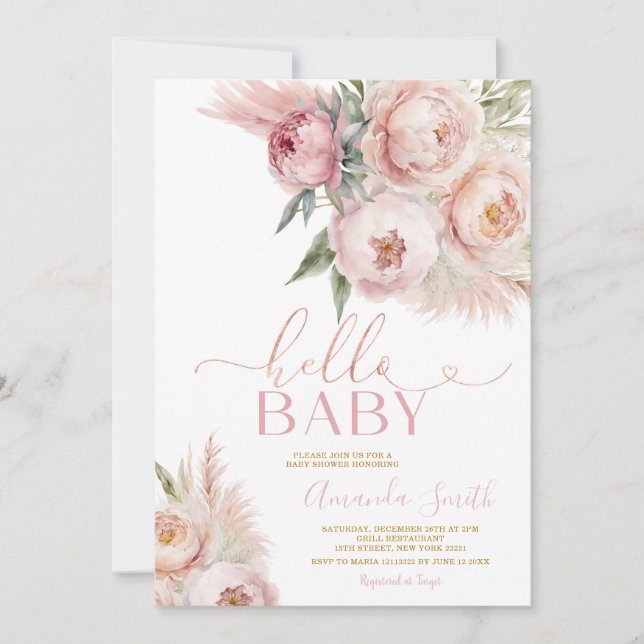 Boho Hello Baby Pink Roses Floral Girl Babydusche Einladung (Vorderseite)