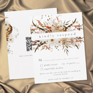Boho-Herbst-Blumen neutrale rustikale Hochzeits-QR RSVP Karte