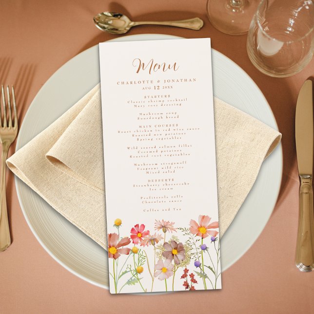 Boho-Herbst-Rustikale-Floral-Hochzeit Menükarte (Boho floral rustic fall wedding menu burnt orange script watercolor wildflowers beige cream ivory)