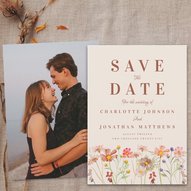 Boho-Herbst-Wildblumen-Foto-Hochzeit Save The Date (Boho chic Wildflower meadow fall floral tan beige Wedding save the date card)