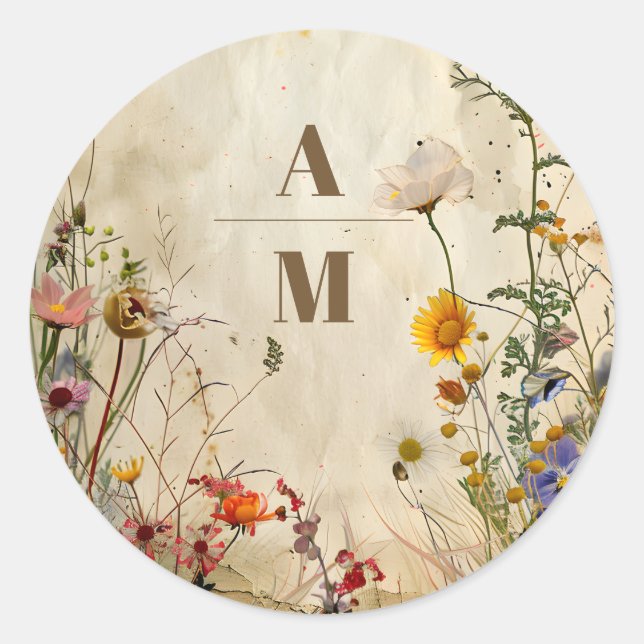 Boho-Herbst-Wildblumen-Hochzeit Runder Aufkleber (Vorderseite)