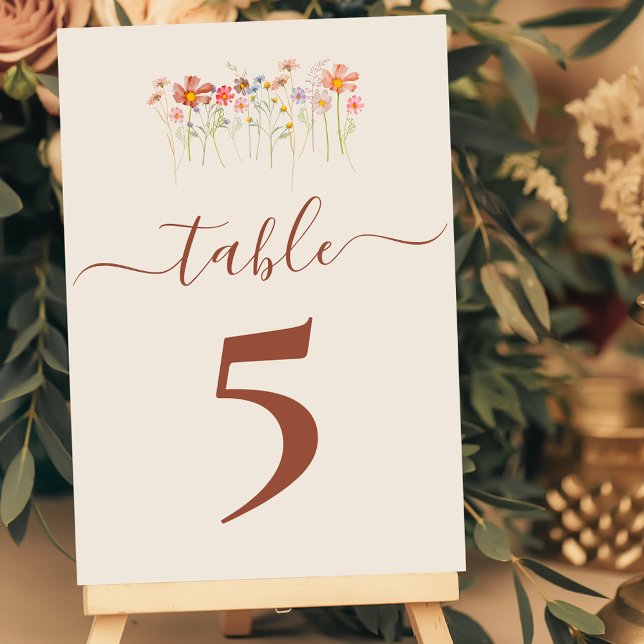 Boho Herbst Wildblumen Tan Beige Terrakotta Hochze Tischnummer (Boho Wildflower floral tan beige terracotta rust Wedding table number card Watercolor florals)
