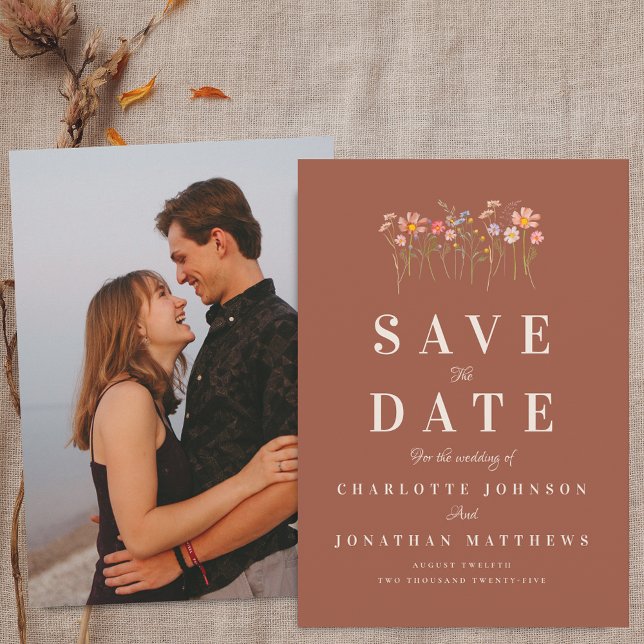Boho-Herbst-Wildblumen-Terrakotta-Foto-Hochzeit Save The Date (Photo boho fall wildflower floral terracotta wedding save the date invitation Elegant modern)