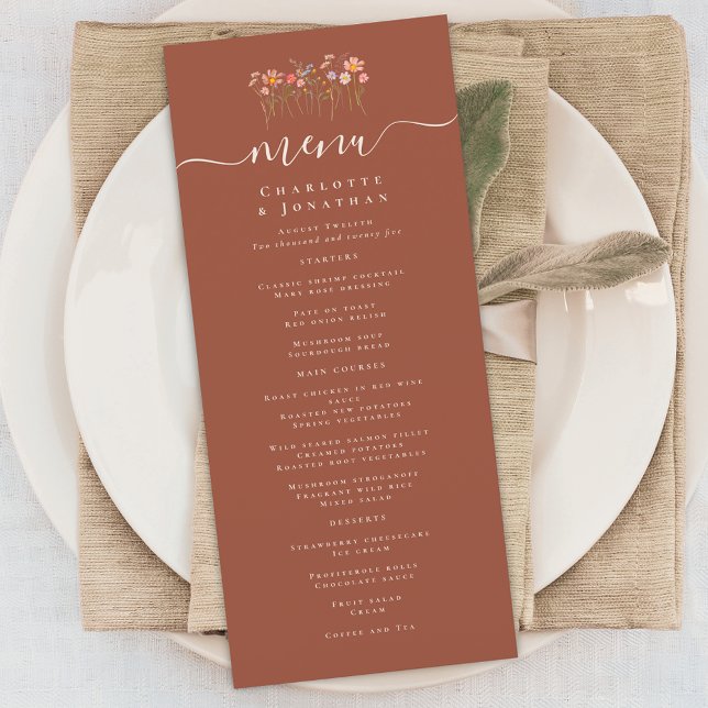 Boho-Herbst-Wildblumen-Terrakotta-Rost-Hochzeit Menükarte (Elegant boho fall Wildflower floral terracotta rust Wedding menu card)