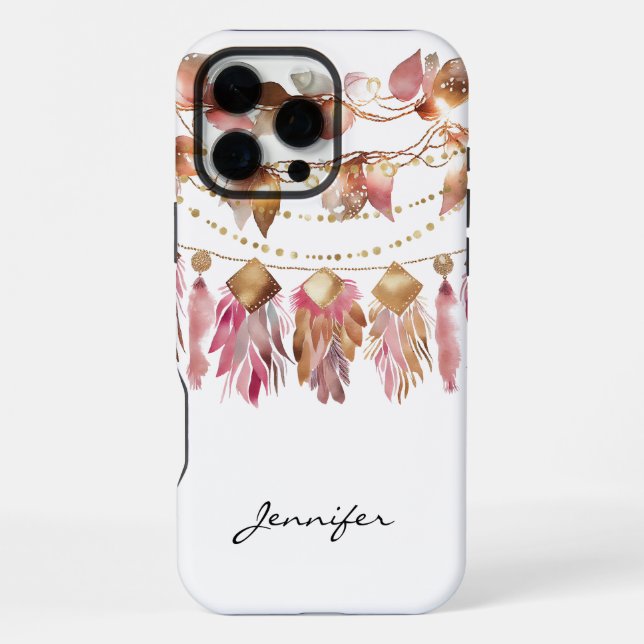 Boho Herbstblatt Feder Native American iPhone 16 Pro Max Hülle (Rückseite)