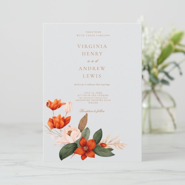 Boho Herbstbouquet mit Tulpen und weißem Fl Einladung (Stehend Vorderseite)
