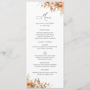 Boho Herbstflorale Hochzeitsmenü Menükarte
