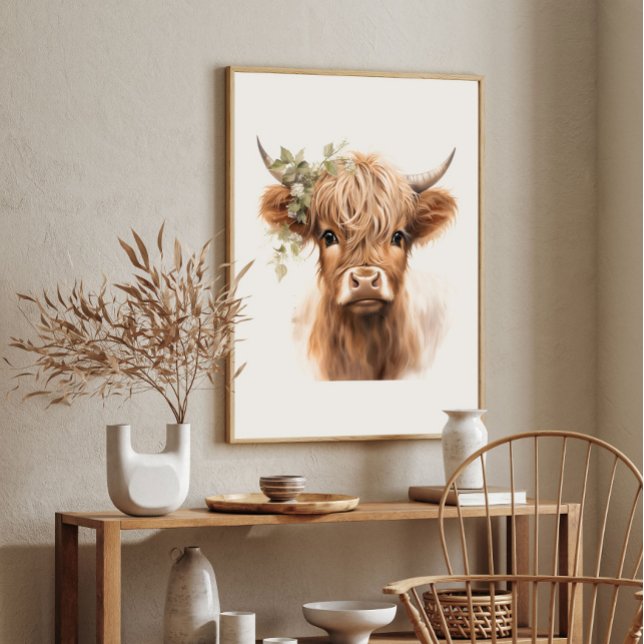Boho Highland Cow Art Imprimer Poster (Boho Highland Cow Art Print Poster.)