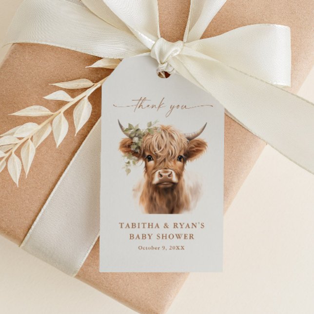 Boho Highland Cow Baby Dusche Vielen Dank für Ihre Geschenkanhänger (Boho Highland Cow Gender Neutral Couple's Baby Shower Thank You Favor Tags.)