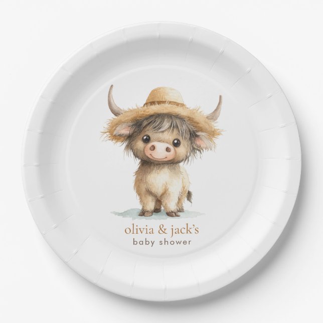 Boho Highland Cow Baby Shower Pappteller (Vorderseite)