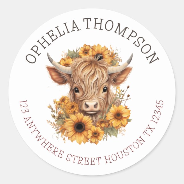 Boho Highland Cow Baby Shower Rücksendeadresse Runder Aufkleber (Vorderseite)