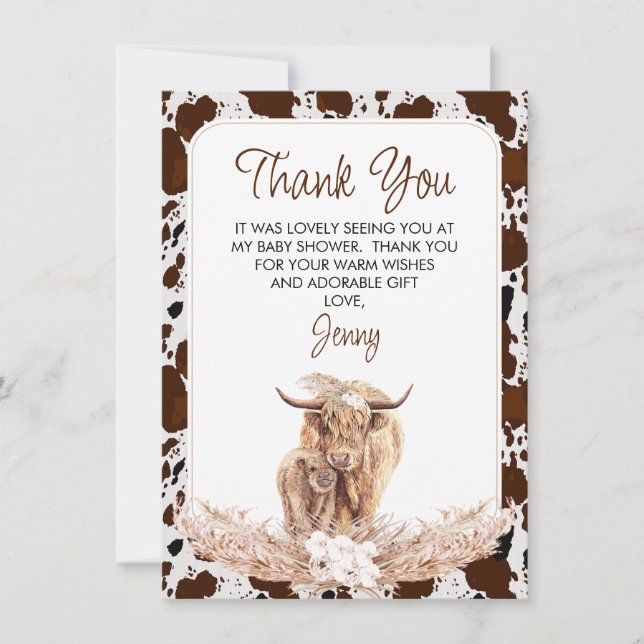 Boho Highland Cow Calf Baby Dusche Danke Karte (Vorderseite)