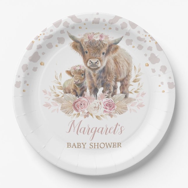 Boho Highland Cow Floral Pampas Grass Baby Girl Pappteller (Vorderseite)